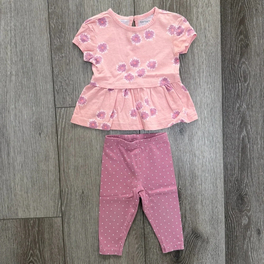 CARTERS 2PC SHORT SLEEVE TOP AND LEGGINGS OUTFIT FLORAL POLKA DOT 9MO